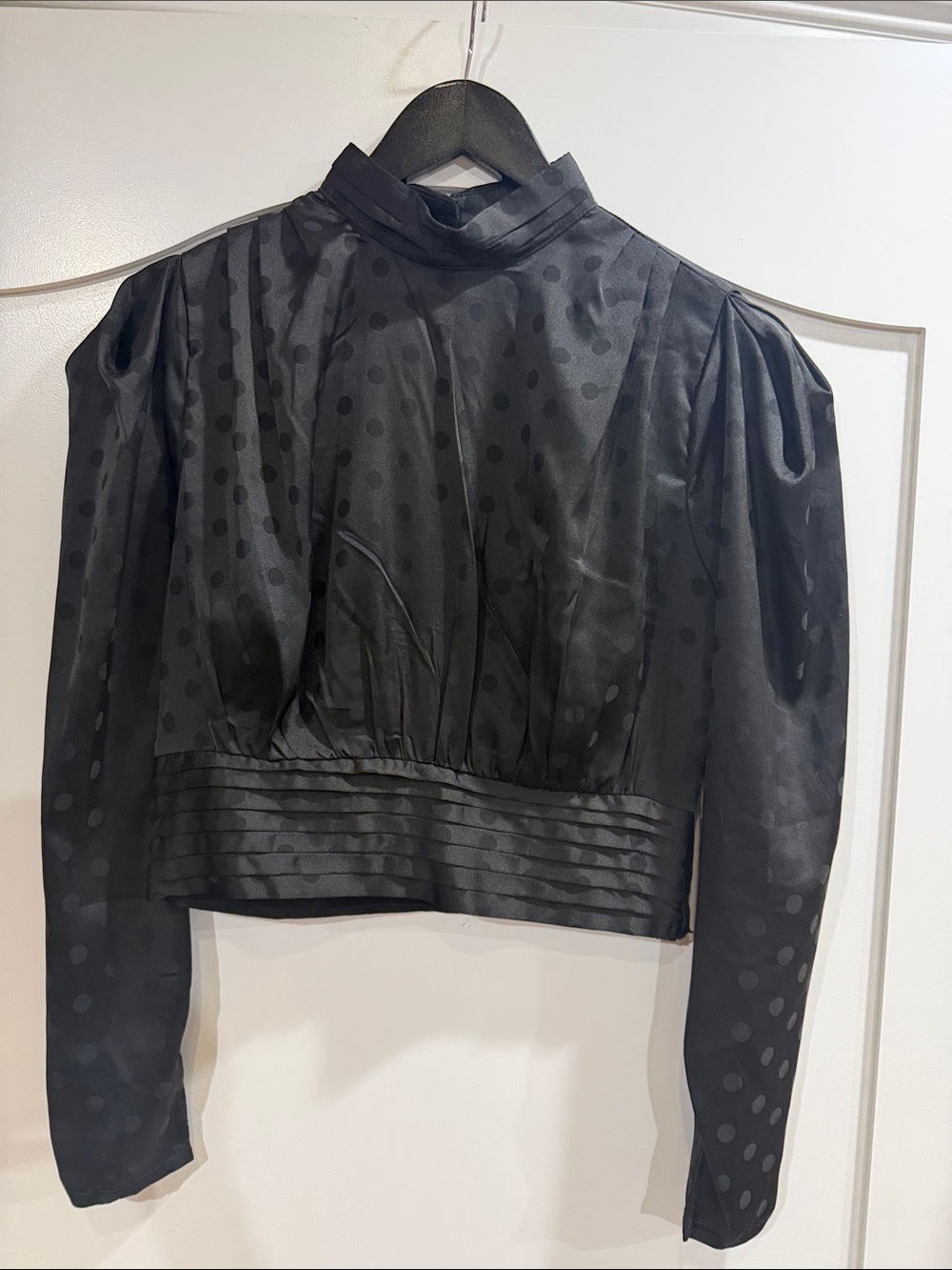 Aqua Black Polka Dot Satin High-Neck Blouse